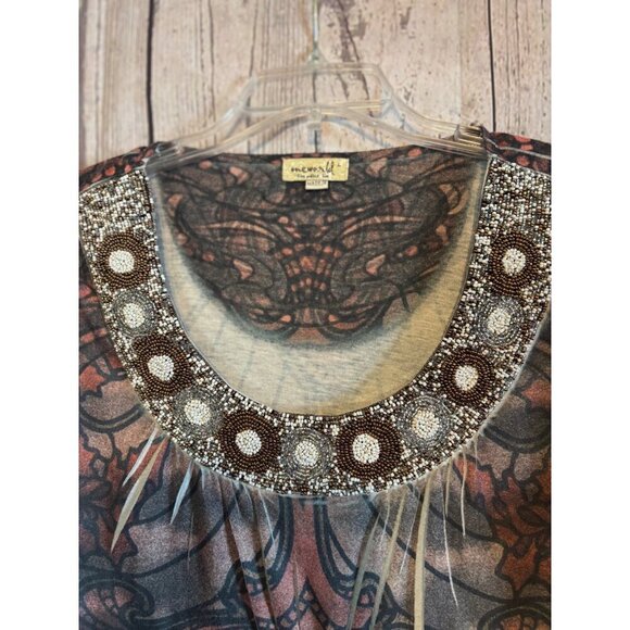 One World Black & Brown BOHO Top Shirt Beaded Design on Neck Size Large - Picture 4 of 8